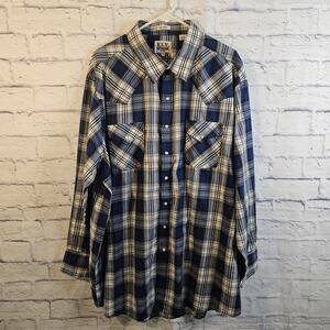 Ely Cattleman Mens BIG MAN 3XL Blue Plaid Pearl Snap Long Sleeve Shirt